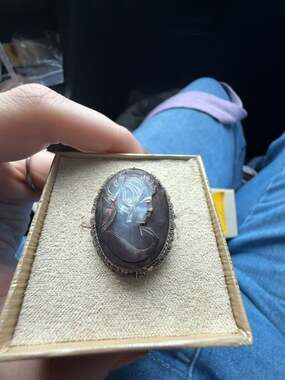 Vintage Mother of Pearl Cameo Brooch Pendent with Ornate Sterling Silver Setting